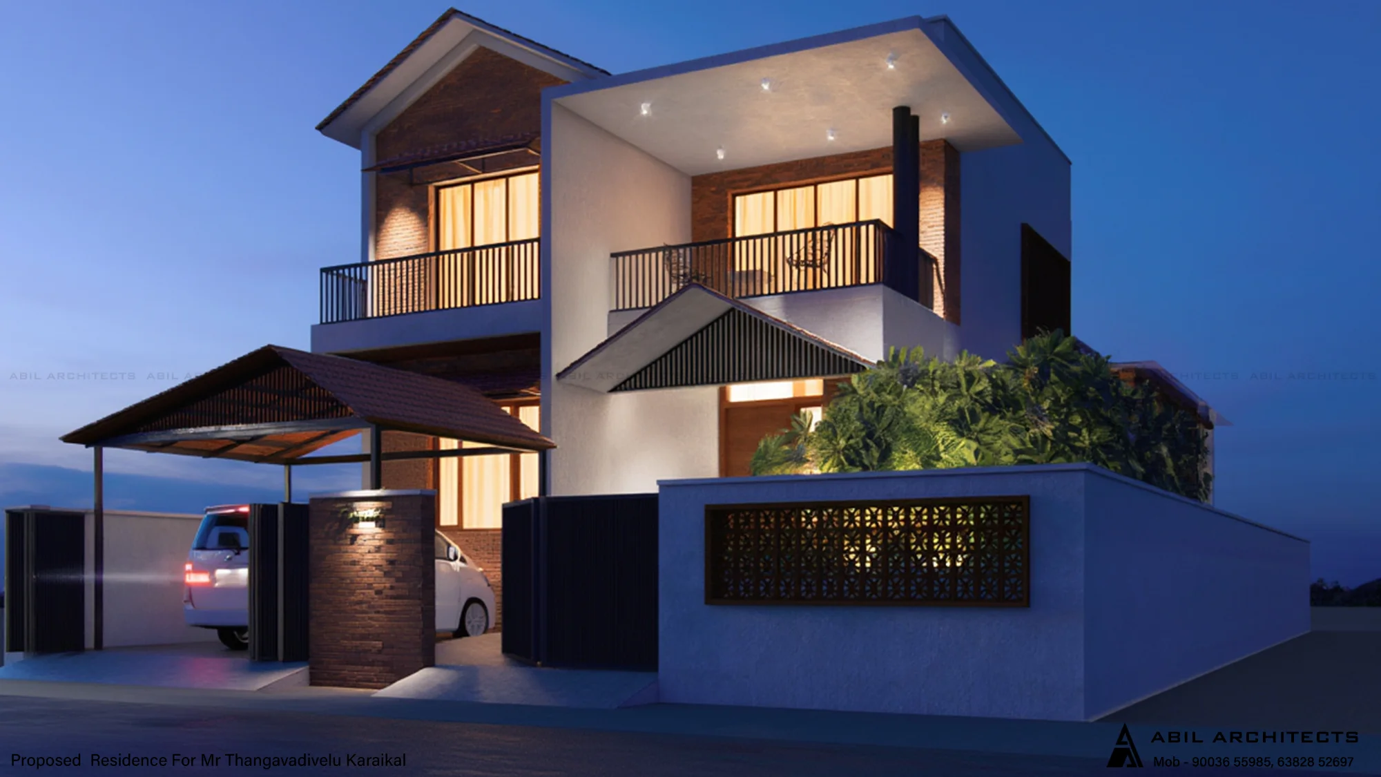 Modern facade showcasing end-to-end house construction by Abil Architects in Karaikal.